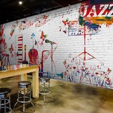 潮流涂鸦吉他壁画服装舞蹈室音乐室酒吧壁纸复古砖纹餐厅KTV墙纸