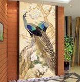 3D立体玄关壁画中式孔雀竖版客厅走廊过道背景墙壁纸无缝墙布墙纸