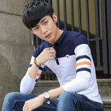 秋季男士青少年长袖T恤韩版修身翻领条纹学生长袖纯棉POLO打底衫