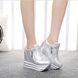 秋新款韩版白色内增高女鞋12cm超高跟松糕厚底运动坡跟单鞋潮34码