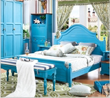 南京包邮地中海全实木床1.8米蓝色双人床 美式乡村纯实木床欧式床