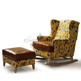 现货美式布艺单人沙发欧式新古典休闲懒老人摇椅法式老虎椅脚凳
