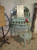 出口法国外贸美式德拉诺亚风格 仿古做旧水洗蓝实木雕花梳妆台