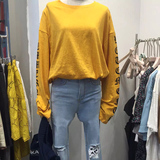 韩国订单时尚ulzzang显瘦纯色袖子印花字母长袖圆领T恤女