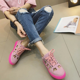 韩国代购2016夏新款真皮透气休闲系带镂空粉色凉鞋平底女运动鞋潮