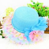 珍珠花卉儿童草帽 双层欧根纱花边遮阳帽 户外踏青必备防晒沙滩帽