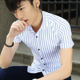 夏季韩版男士短袖衬衫条纹潮流学生青少年修身款纯棉男装格子英伦