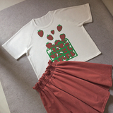 全棉水印 一大筐草莓 错乱图色 宽松款休闲风格 短款短袖女T恤