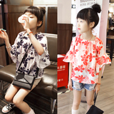 韩国童装 2016夏装韩版女森系一字领喇叭袖纯棉娃娃衫衬衫衬衣