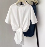 【钱夫人】夏季新款韩范女式棉麻圆领休闲白色短袖衬衫