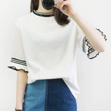 圆领荷叶袖T恤韩版简约纯色撞色拼接雪纺短袖上衣2016夏季新款女