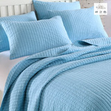 外贸高档纯色蓝色绗缝被三件套可水洗双人床单垫被夹棉床盖夏凉被