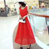 2016夏季新款女装韩版显瘦大红色无袖V领修身中长款蕾丝连衣裙