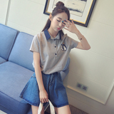 C0439-2016夏季新款韩版女装翻领印花条纹衬衫女休闲短袖字母上衣