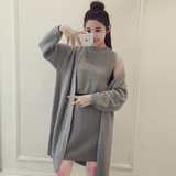 2016韩版新款秋季女装套装时尚中长款毛衣外套+针织裙开衫两件套