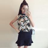 TZ0117-2016夏季新款韩版女装雪纺无袖上衣+荷叶边短裤两件套装潮