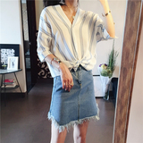 韩国韩版2016夏季新款小清新文艺条纹V领宽松中袖短款棉麻衬衫女