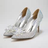 baby新娘鞋水钻高跟鞋细跟尖头单鞋礼服伴娘灰姑娘水晶银色婚鞋女