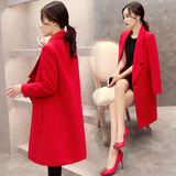 2016秋冬装新款韩国宽松毛呢外套女中长款大红色西装领妮子大衣