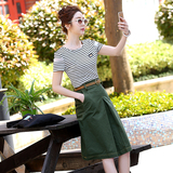 韩版夏季2016新款条纹短袖显瘦中长款a字半身裙修身套装裙两件套
