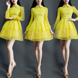 DM2016春秋款黄色连衣裙 娃娃领雪纺长袖高腰修身欧根纱蓬蓬裙