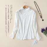 2016春季新品袖子蕾丝拼接长袖T恤女士白色堆堆领修身网纱打底衫