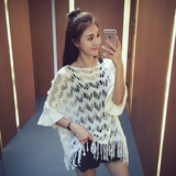 2016夏季新款韩版大码宽松镂空针织衫女七分袖薄款打底衫套头上衣
