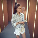 夏季新款2016韩版宽松条纹POLO领衬衣衫长袖打底衫中长款薄外套女