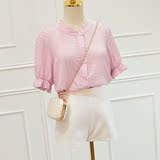 13良品 夏季纯色甜美小清新褶皱立领短袖粉色白色雪纺衬衫女韩范