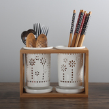 厨房用品韩式镂空陶瓷沥水防霉双筒筷子筒家用创意筷笼餐具笼木架