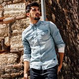 Simwood2016秋新款男士休闲胸前双口袋刮烂修身方领长袖牛仔衬衫