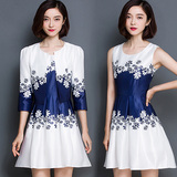 2016春秋女装新款套装时尚气质修身显瘦韩国印花两件套背心连衣裙