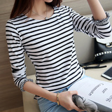 2016秋季新款韩版女装黑白条纹T恤女长袖打底衫学生体恤流苏上衣X
