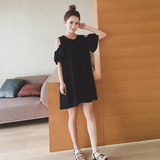 2016新款女装韩版短款裙子夏季宽松修身a字荷叶袖露肩黑色连衣裙