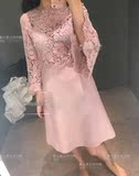 2016秋季新品 大牌定制 暗裸粉色喇叭袖长袖蕾丝连衣裙