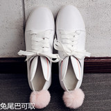 韩国头层牛皮圆头系带兔子学生鞋耳朵可爱兔毛球厚底小白鞋单鞋女