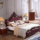 美式床双人真皮床实木雕花橡木床欧式现代简约1.8米婚床深色皮床