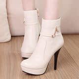 韩版时尚细跟高跟短靴百搭白色短筒冬季2016春秋新款圆头女鞋靴子