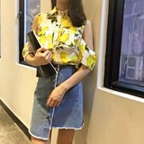 2016夏DV韩版露肩短袖女装花色衬衫上衣+修身半身裙A字纯色牛仔裙
