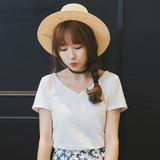 2016新品女装小个子夏装韩版纯棉修身V领白色百搭显瘦短袖T恤0382