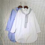 韩国学院风蓝白竖条纹显瘦中长款长袖衬衫裙子配披肩假两件