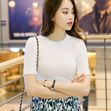 韩国秋季新中袖T恤女纯棉圆领修身五分袖打底衫半袖紧身短款上衣
