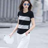 Amii[极简主义]旗舰店夏装黑白横条纹拼接套头修身大码短袖T恤女