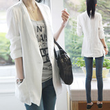 棉麻小西装女薄款韩式七分袖修身显瘦中长款亚麻时尚西服外套夏季