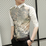 2016 夏季男士韩版修身 短袖衬衫欧根纱装饰七分袖中袖衬衣潮青年