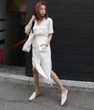 chic 韩国 官网 代购 工装风 系带 长款 连衣裙 可做 外套