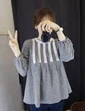 2016韩版早春新款甜美格子格纹拼接蕾丝花边娃娃款衬衣衬衫 潮