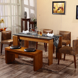 火烧石餐桌 大理石实木餐桌 水曲柳玄武石餐桌椅组合长方形小户型