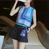 蘑菇街女装夏韩版时尚个性无袖印花上衣宽松休闲阔腿短裤两件套装