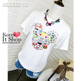 现货韩国东大门代购女夏百搭珍珠3D休闲米奇老鼠卡通圆领短袖T恤